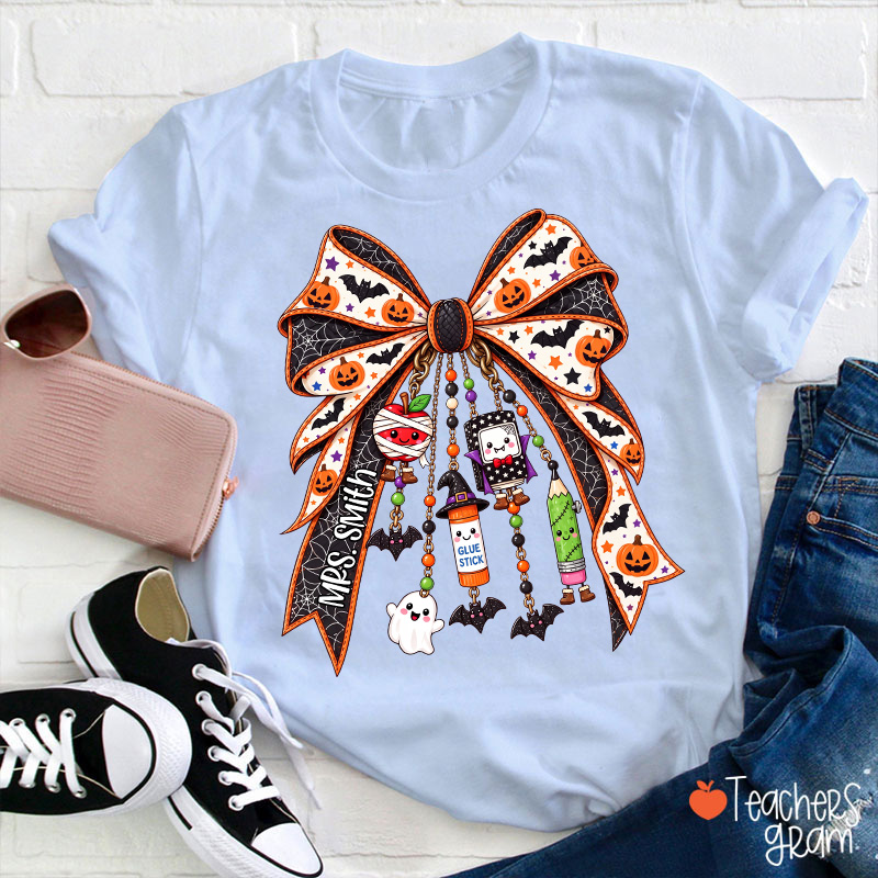 Personalized Name Spooky Charm Bow Teacher T-Shirt