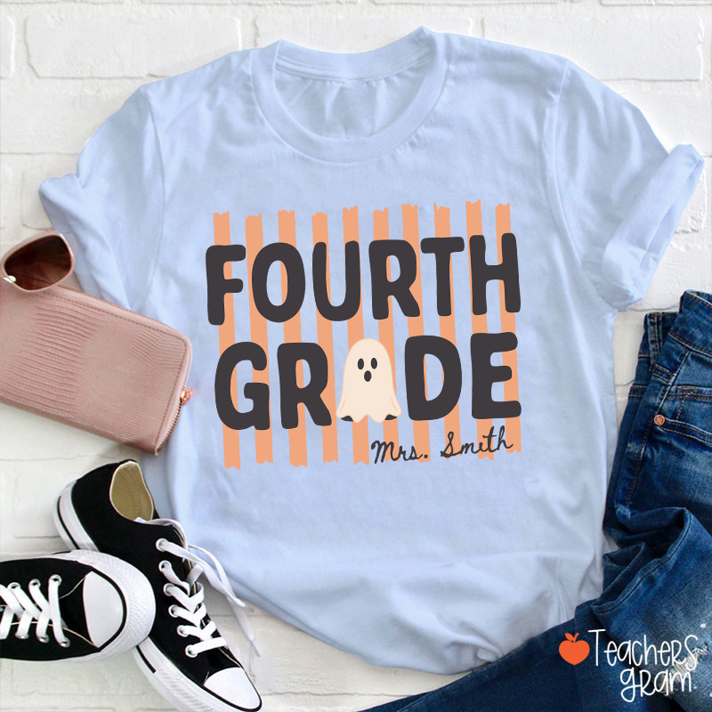Personalized Grade And Name Cute Ghost Halloween Vibes Teacher T-Shirt