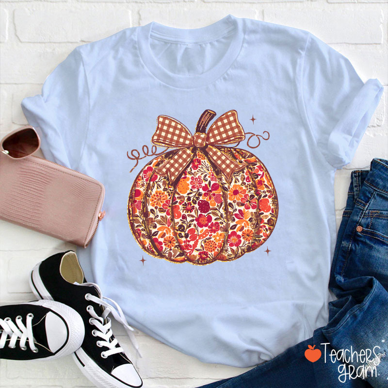 Vintage Floral Plaid Bow Pumpkin Teacher T-Shirt