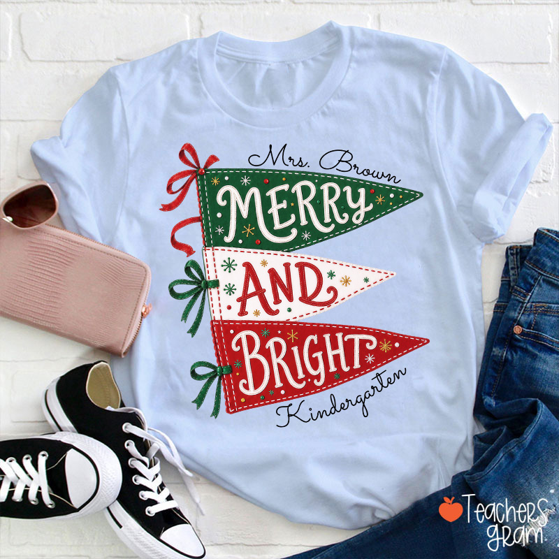 Personalized Name And Grade Merry And Bright Teacher T-Shirt