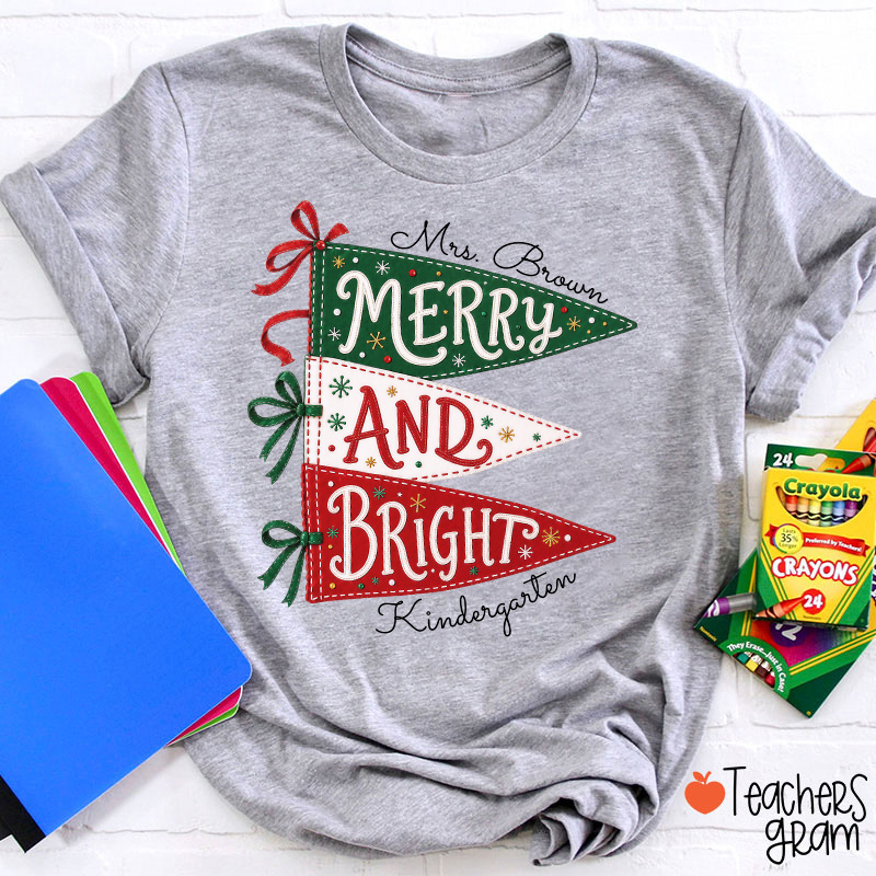 Personalized Name And Grade Merry And Bright Teacher T-Shirt