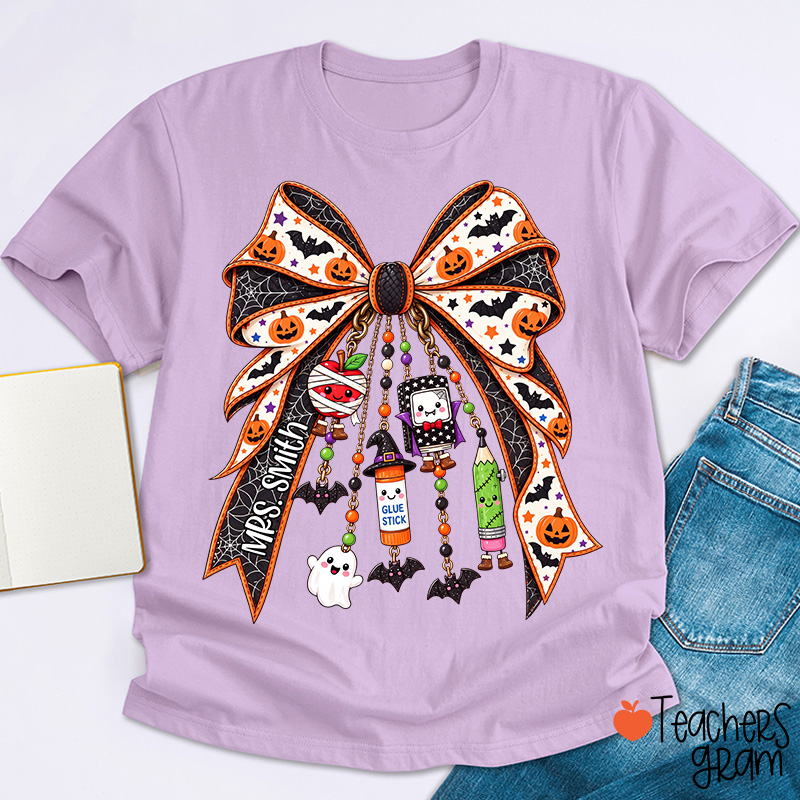 Personalized Name Spooky Charm Bow Teacher T-Shirt