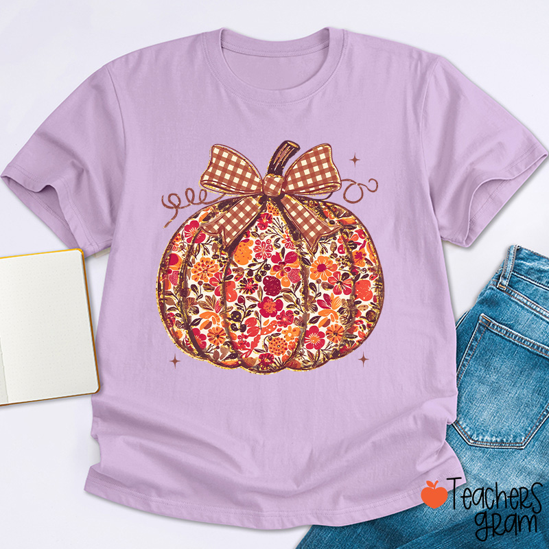 Vintage Floral Plaid Bow Pumpkin Teacher T-Shirt
