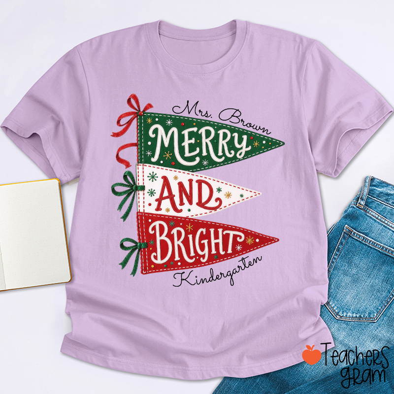 Personalized Name And Grade Merry And Bright Teacher T-Shirt