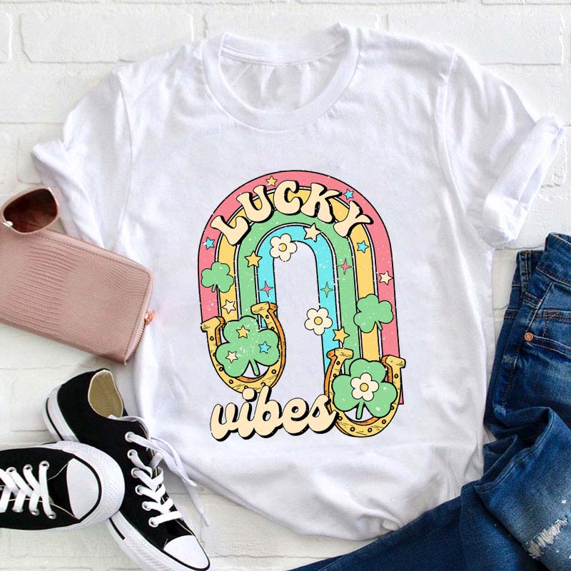Lucky Vibes Shamrock Rainbow Teacher T-Shirt