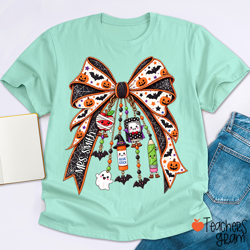 Personalized Name Spooky Charm Bow Teacher T-Shirt