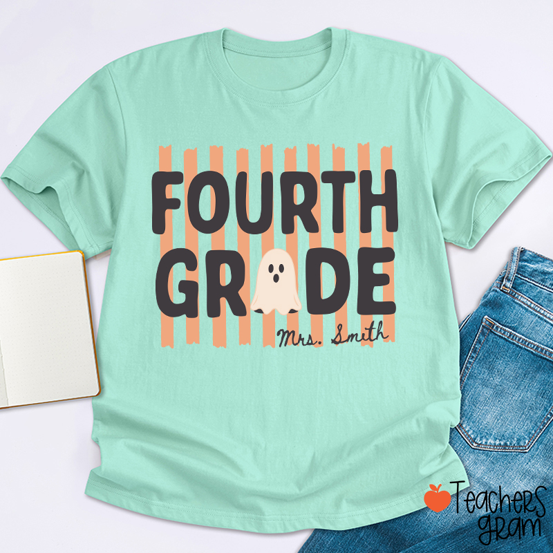 Personalized Grade And Name Cute Ghost Halloween Vibes Teacher T-Shirt