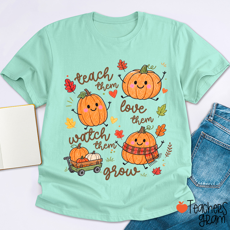 Teach Them Love Them Watch Them Grow Cute Pumpkin Autumn Leaf Teacher T-Shirt
