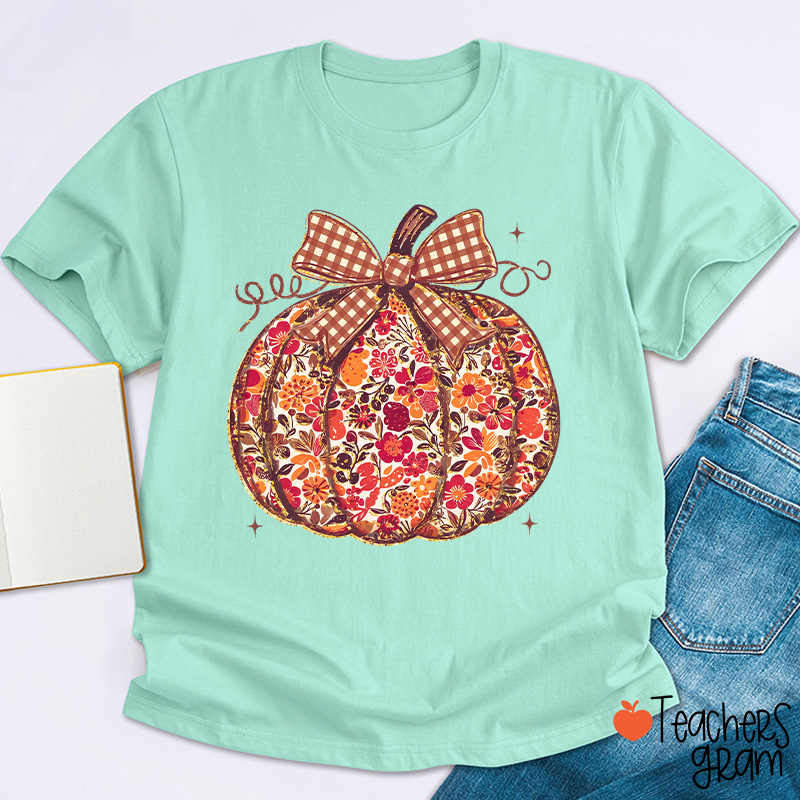 Vintage Floral Plaid Bow Pumpkin Teacher T-Shirt