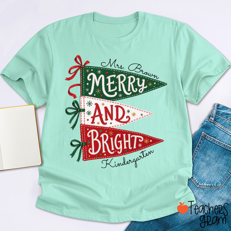 Personalized Name And Grade Merry And Bright Teacher T-Shirt