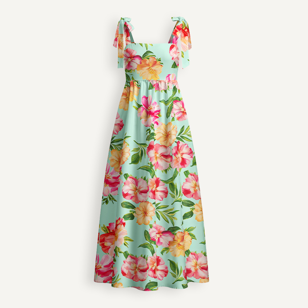 Mint Green Tropical Hibiscus Teacher Tie Shoulder Dress