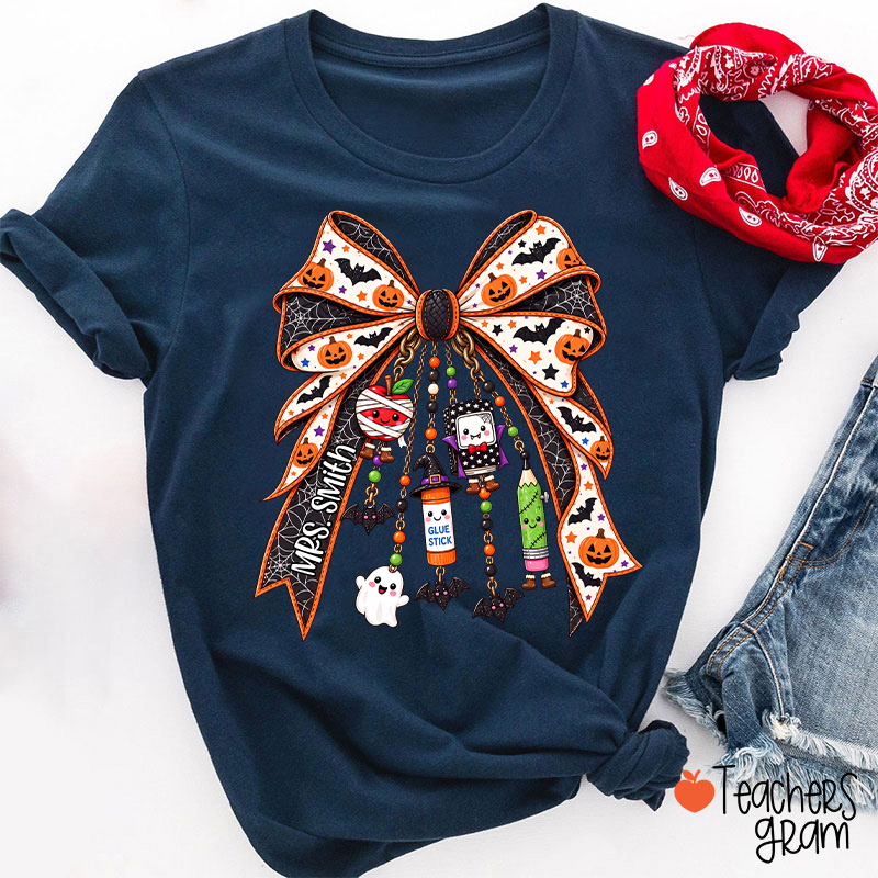 Personalized Name Spooky Charm Bow Teacher T-Shirt
