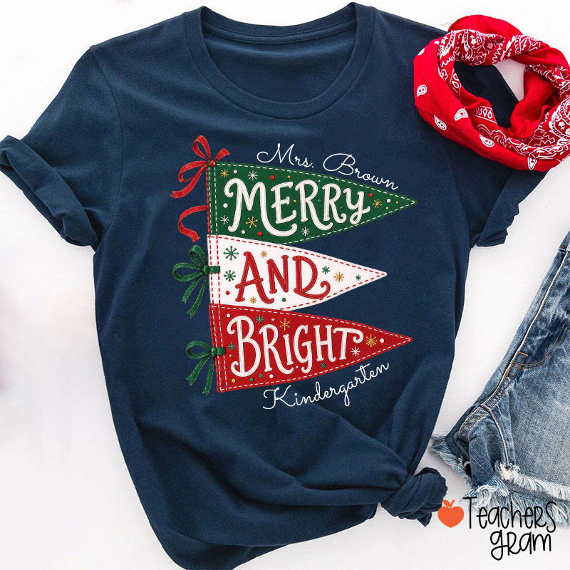 Personalized Name And Grade Merry And Bright Teacher T-Shirt