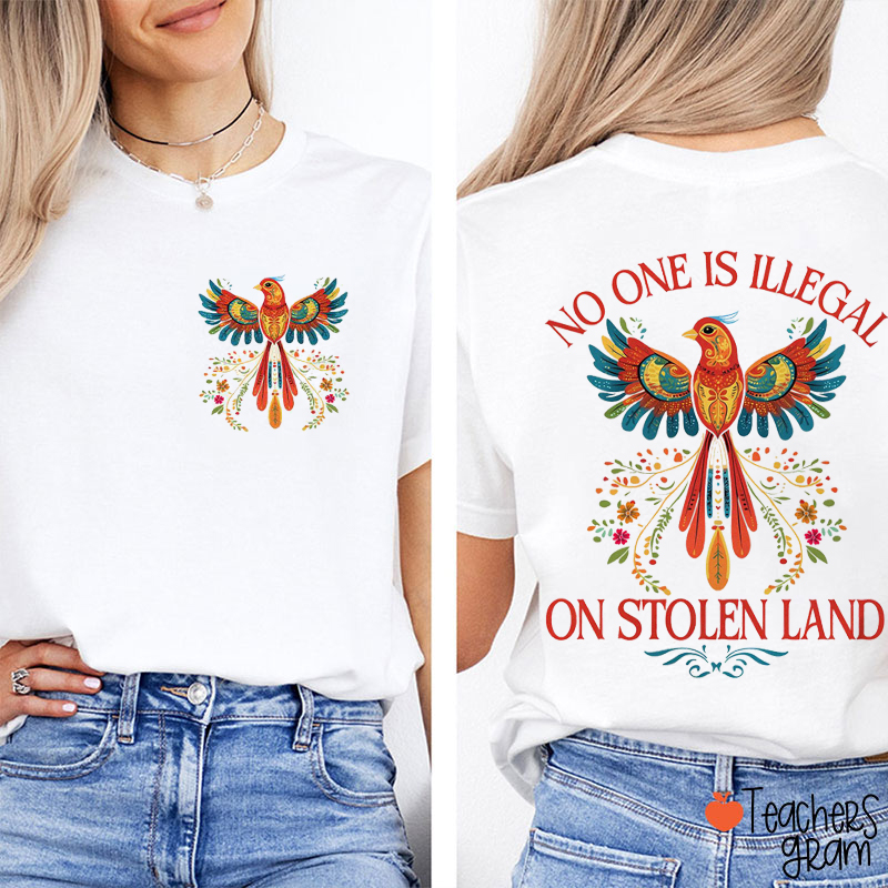 No One Is Illegal On Stolen Land Teacher Two Sided T-Shirt
