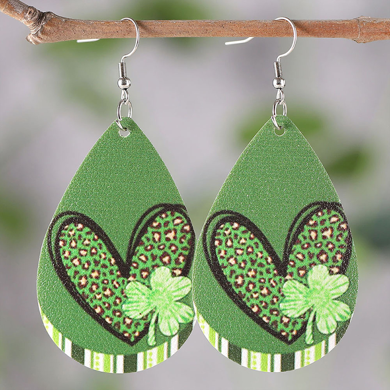 Water Drop Heart Clover Teacher Leather Earrings