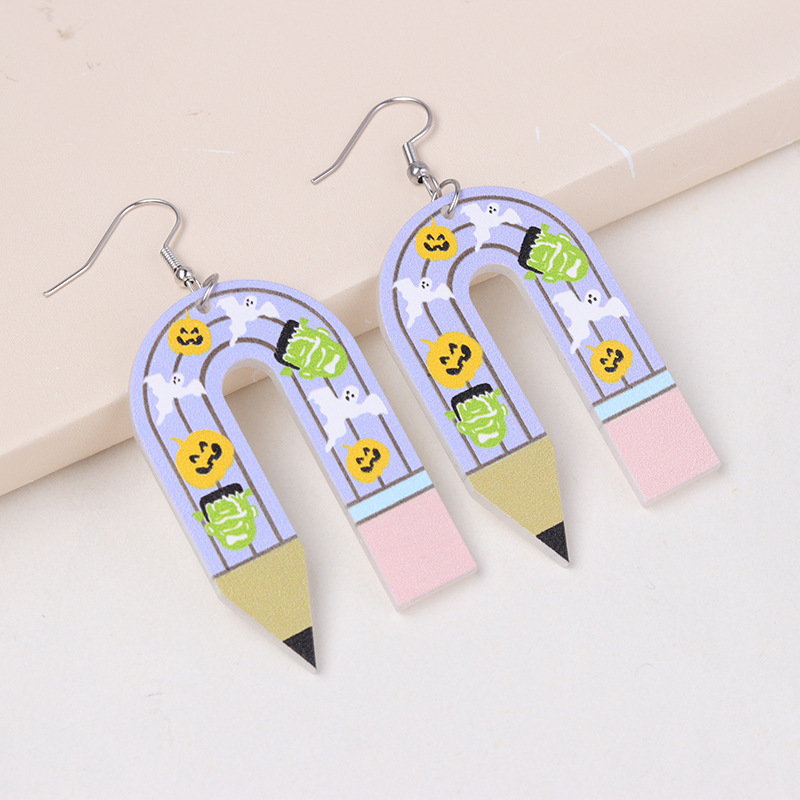 Halloween U-shaped Pencil Teacher Acrylic Earrings