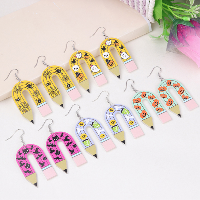 Halloween U-shaped Pencil Teacher Acrylic Earrings