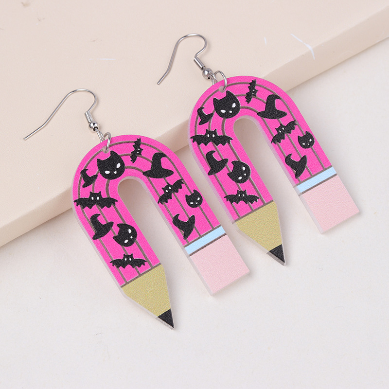 Halloween U-shaped Pencil Teacher Acrylic Earrings