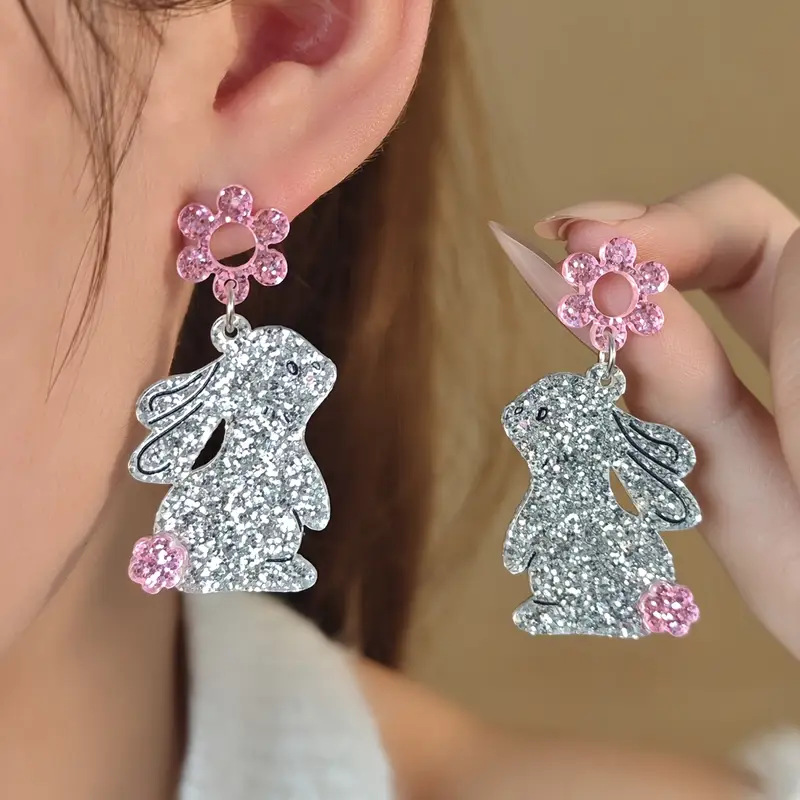 Sparkling Silver Rabbit Teacher Acrylic Earrings