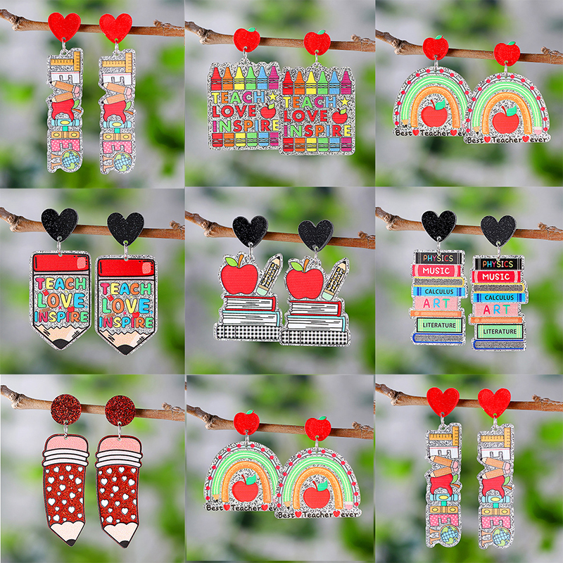 Apple Book Ruler Teacher Acrylic Earrings