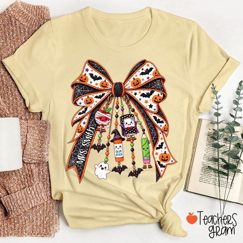 Personalized Name Spooky Charm Bow Teacher T-Shirt