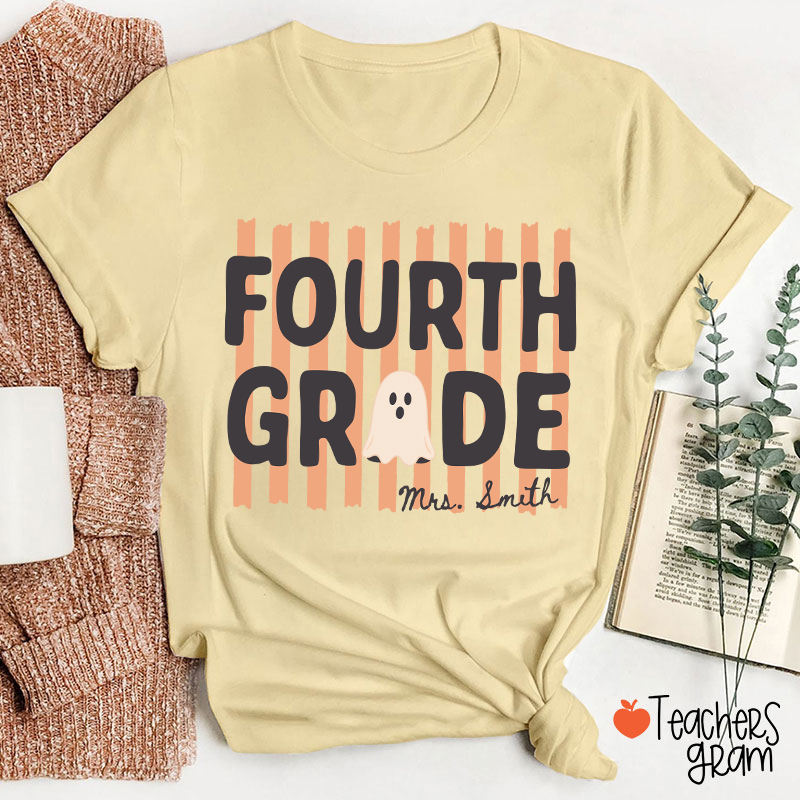 Personalized Grade And Name Cute Ghost Halloween Vibes Teacher T-Shirt
