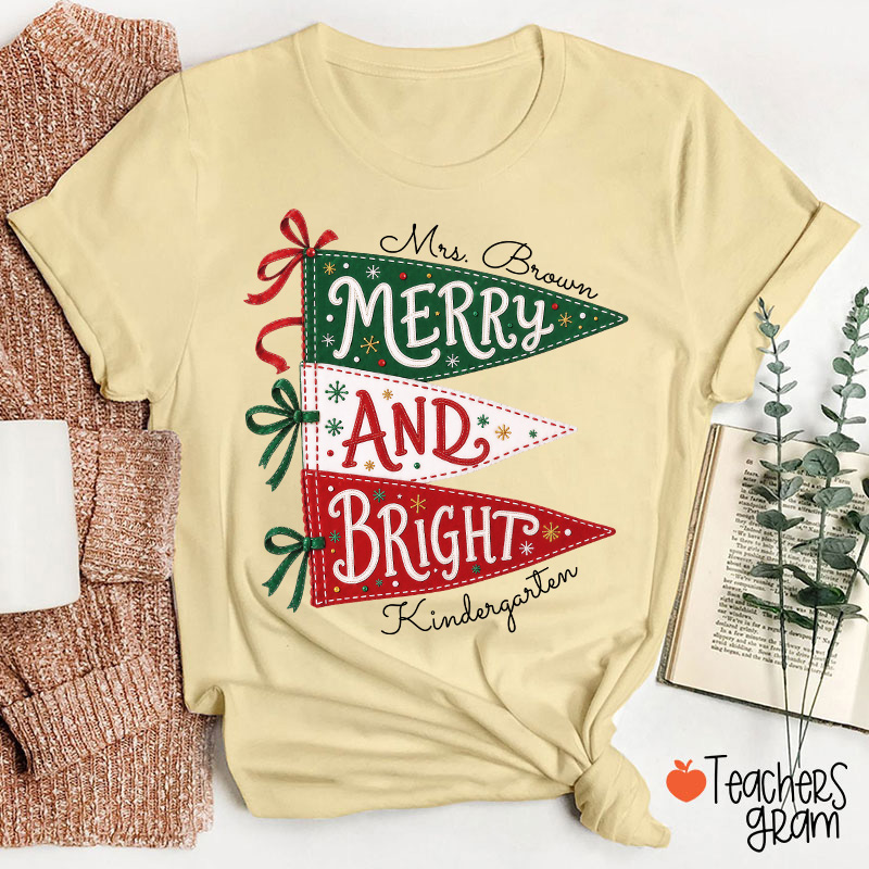 Personalized Name And Grade Merry And Bright Teacher T-Shirt