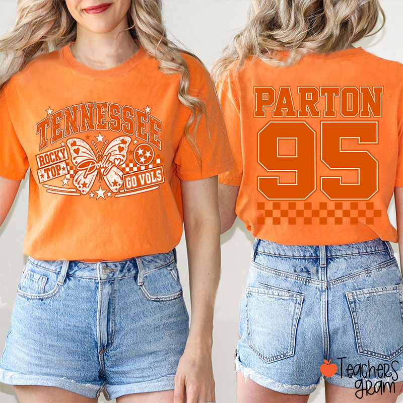   Rocky Top Dolly Go Vols Butterfly  Teacher Two Sided T-Shirt
