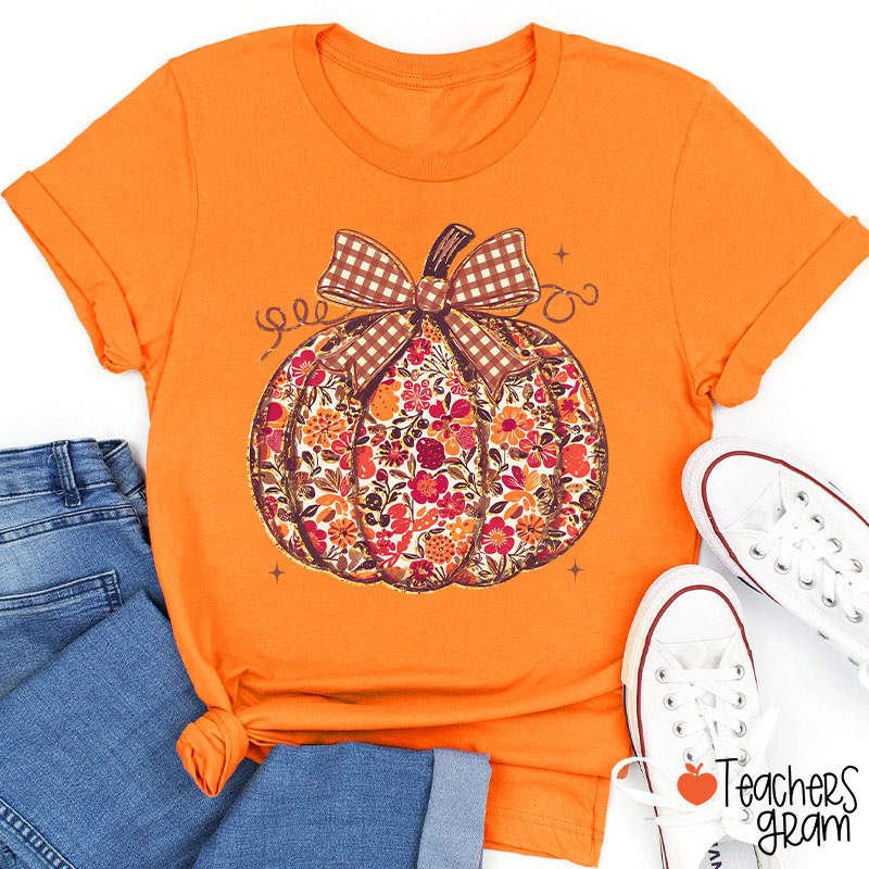 Vintage Floral Plaid Bow Pumpkin Teacher T-Shirt