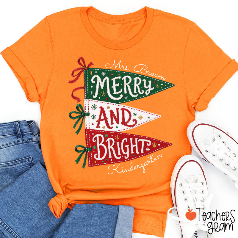 Personalized Name And Grade Merry And Bright Teacher T-Shirt