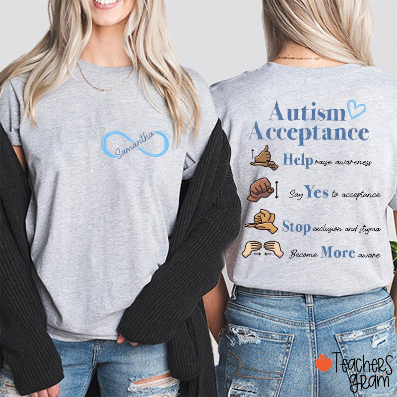 Personalized Name Autism Acceptance Sign Language Two Sided T-Shirt