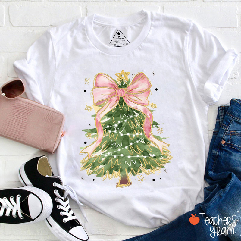 Pink Bow Christmas Tree Teacher T-Shirt