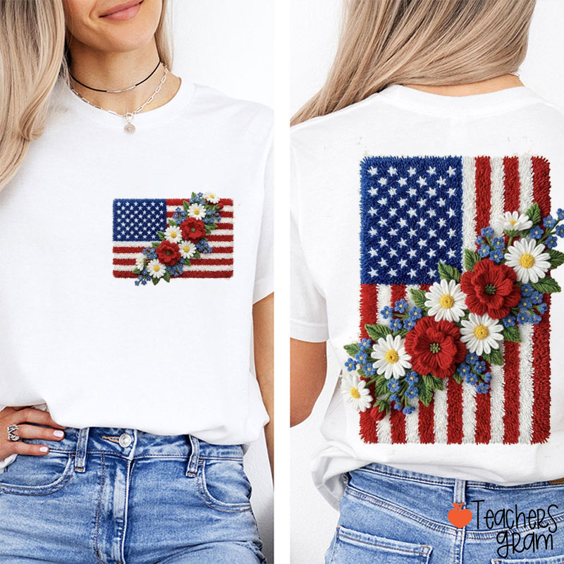 Patriotic Floral American Flag Teacher Two Sided T-Shirt