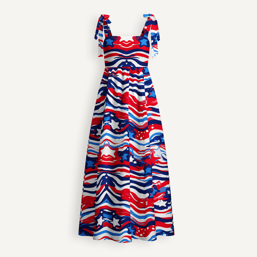 Patriotic Red White Blue Wave Star Teacher Tie Shoulder Dress