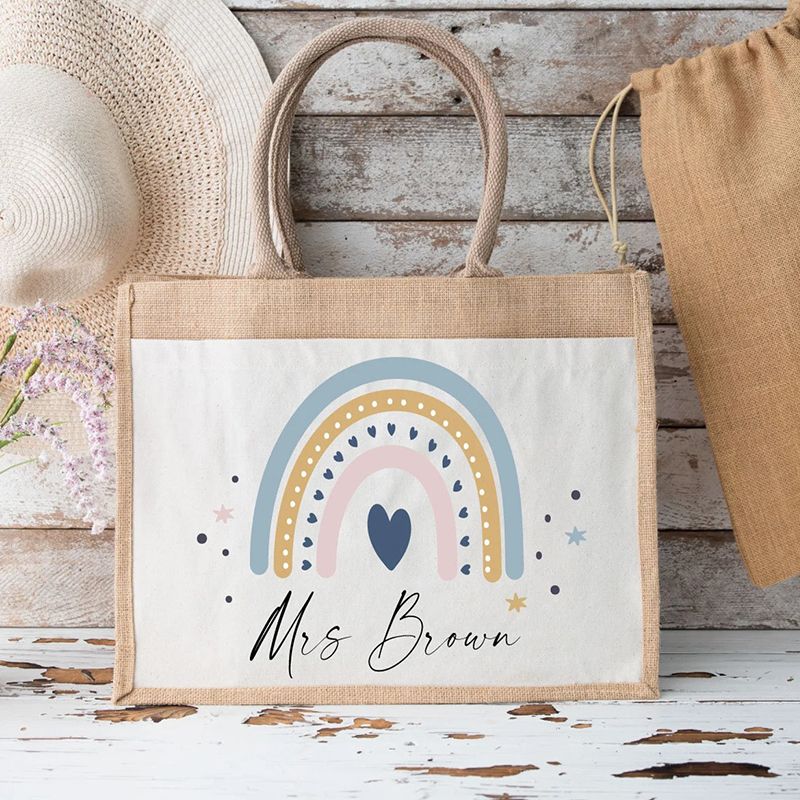 Personalised Name Love Heart Rainbow Teacher Jute Bag