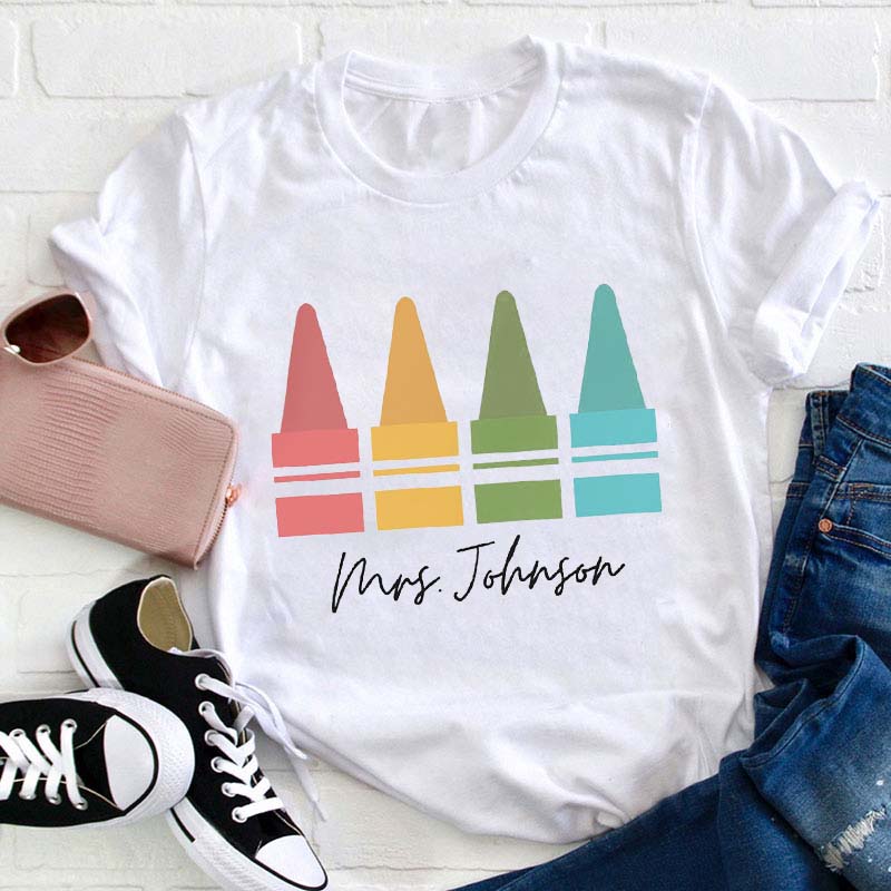 Personalized Colorful Crayons Teacher T-Shirt