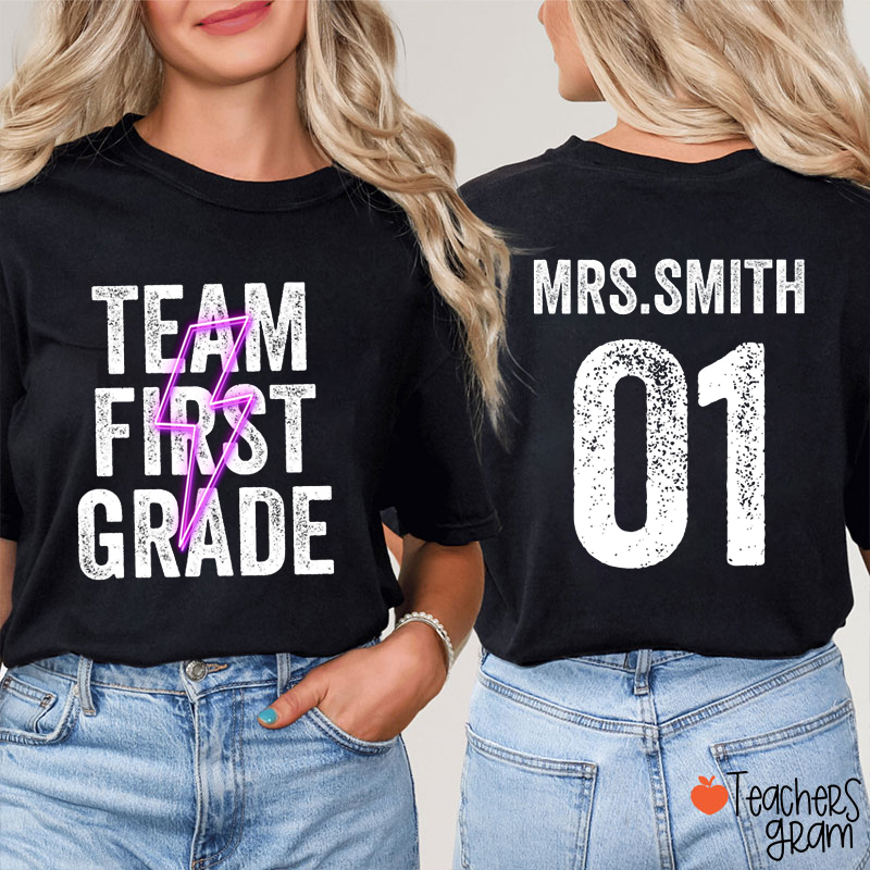 Personalized Grade Lightning Team Teacher Two Sided T-Shirt
