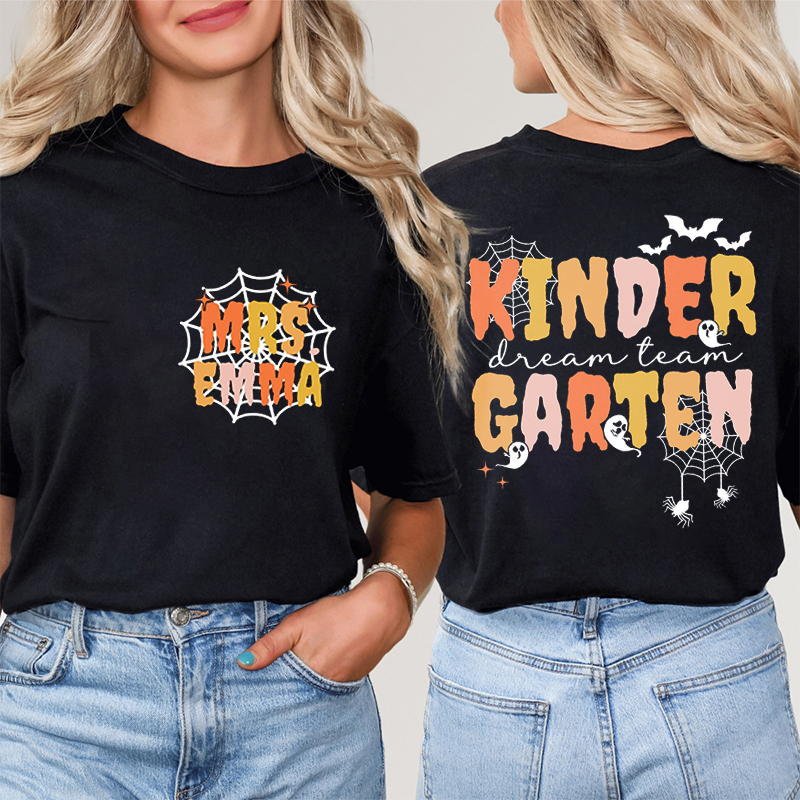 Personalized Name And Grade Halloween Spider Web Teacher Two Sided T-Shirt