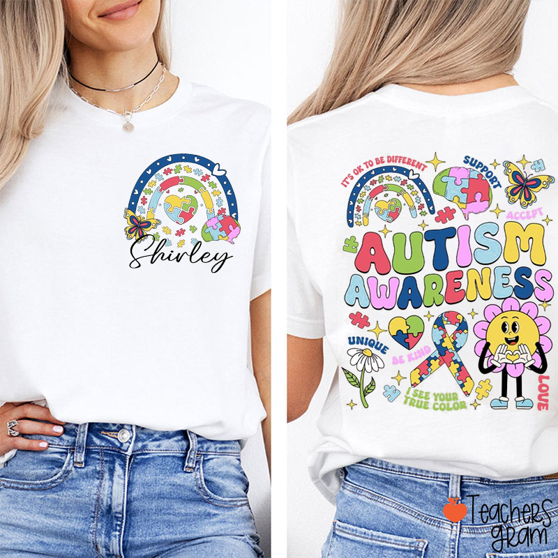Personalized Name Autism Awareness Teacher Two Sided T-Shirt