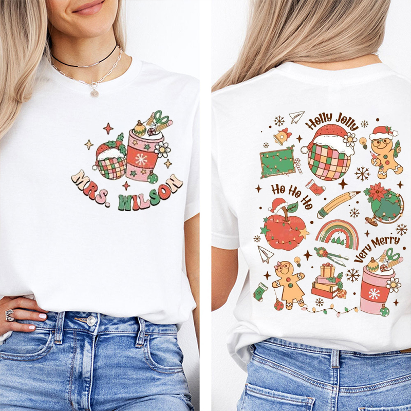 Personalized Name Holly Jolly Very Merry Teacher Two Sided T-Shirt