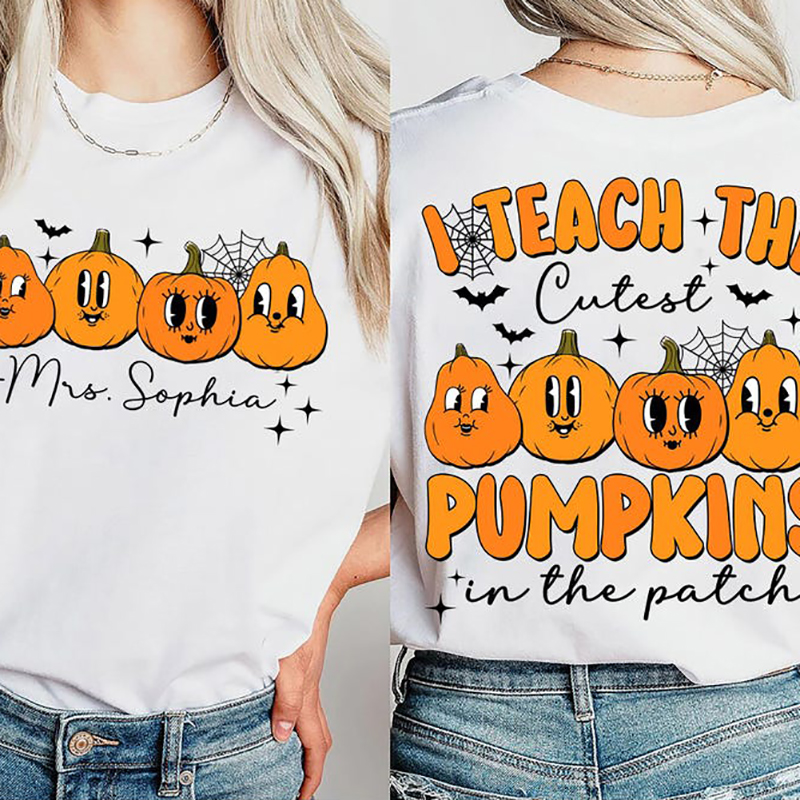 Personalized Name I Teach The Cutest Pumpkins In The Patch Cute Icon Teacher Two Sided T-Shirt