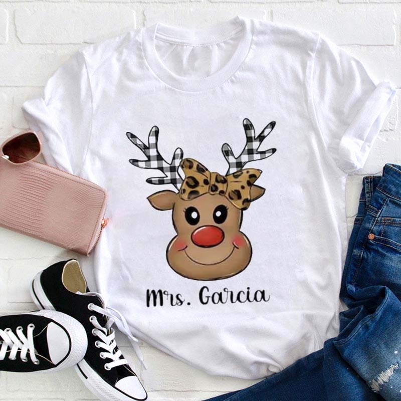 Personalized Name Leopard Reindeer Christmas Teacher T-Shirt