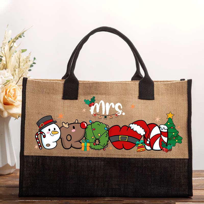 Personalized Name Merry Christmas Teacher Cotton Tote Bag