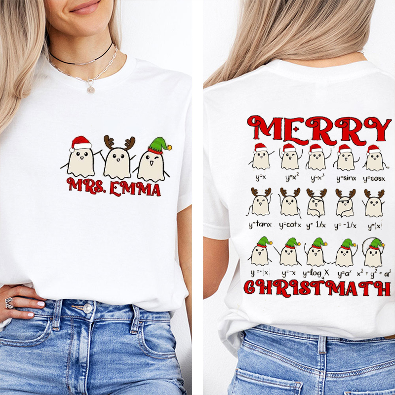 Personalized Name Merry Christmas Math Teacher Two Sided T-Shirt