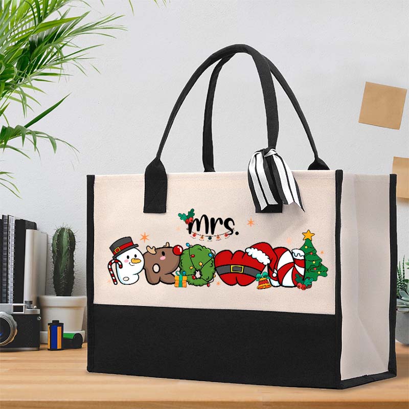Personalized Name Merry Christmas Teacher Cotton Tote Bag