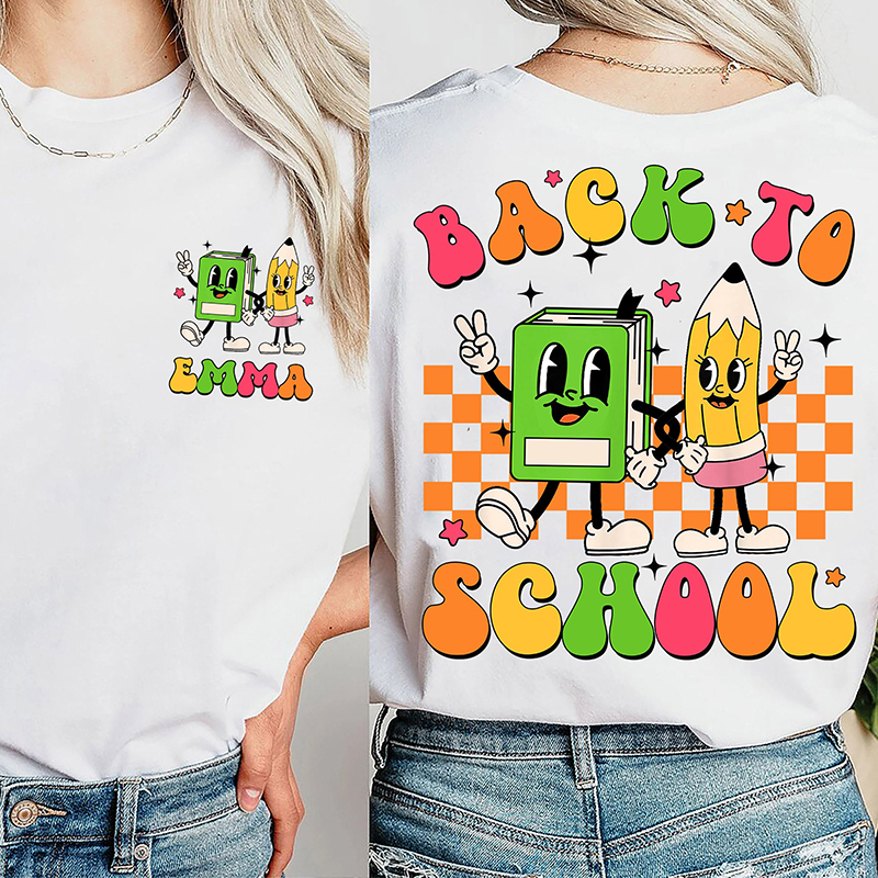 Personalized Name We Back To School Notebook Pencil Icon Teacher Two Sided T-Shirt