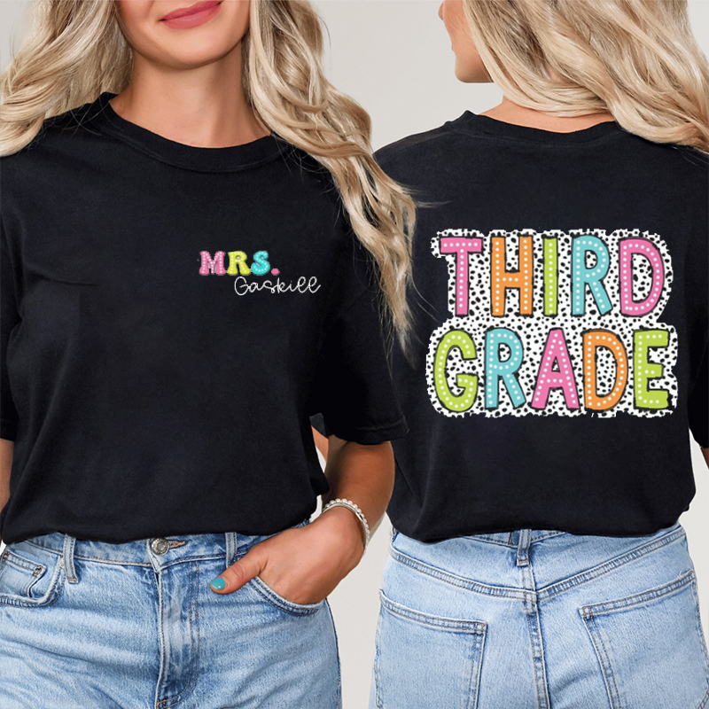 Personalized Teacher's Name And Grade Light Strip Font Design Teacher Two Sided T-Shirt
