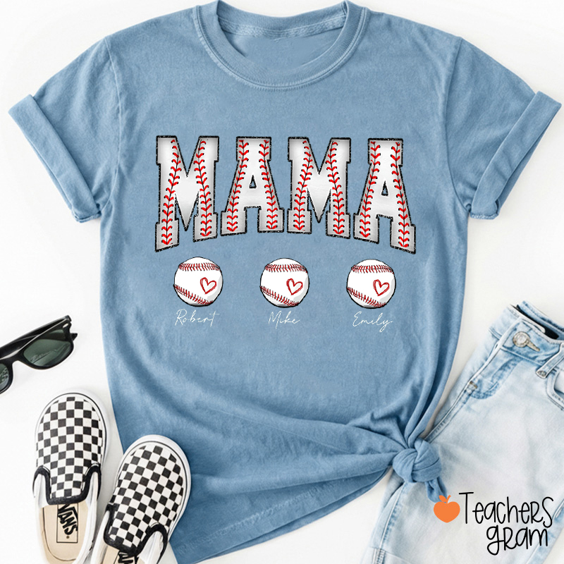 Personalized Baseball Mama With Kids Name Teacher T-Shirt