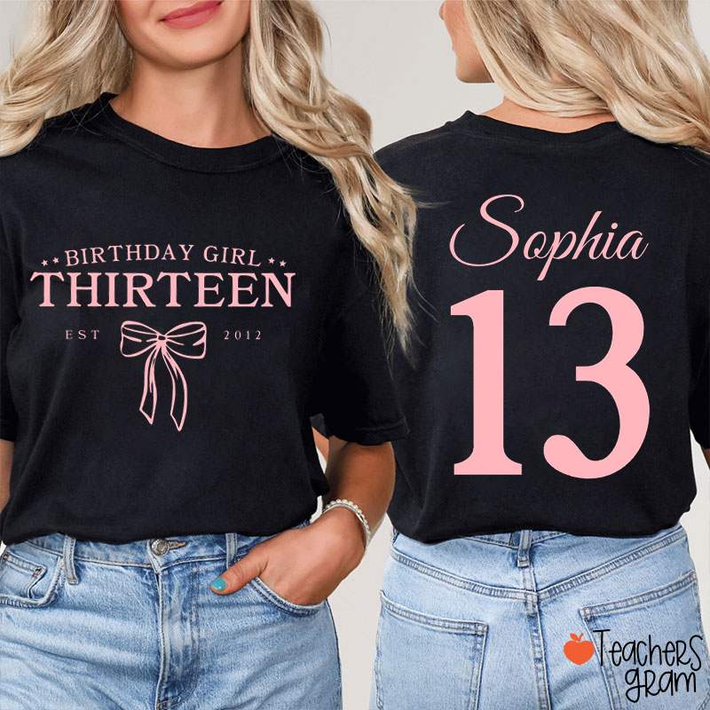 Personalized Birthday Girl Coquette Bow Teacher Two Sided T-Shirt