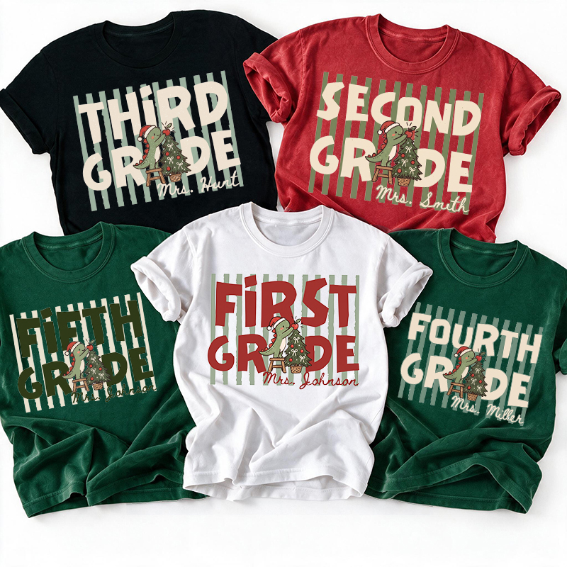 Personalized Christmas Dinosaur Grade Level Teacher T-Shirt